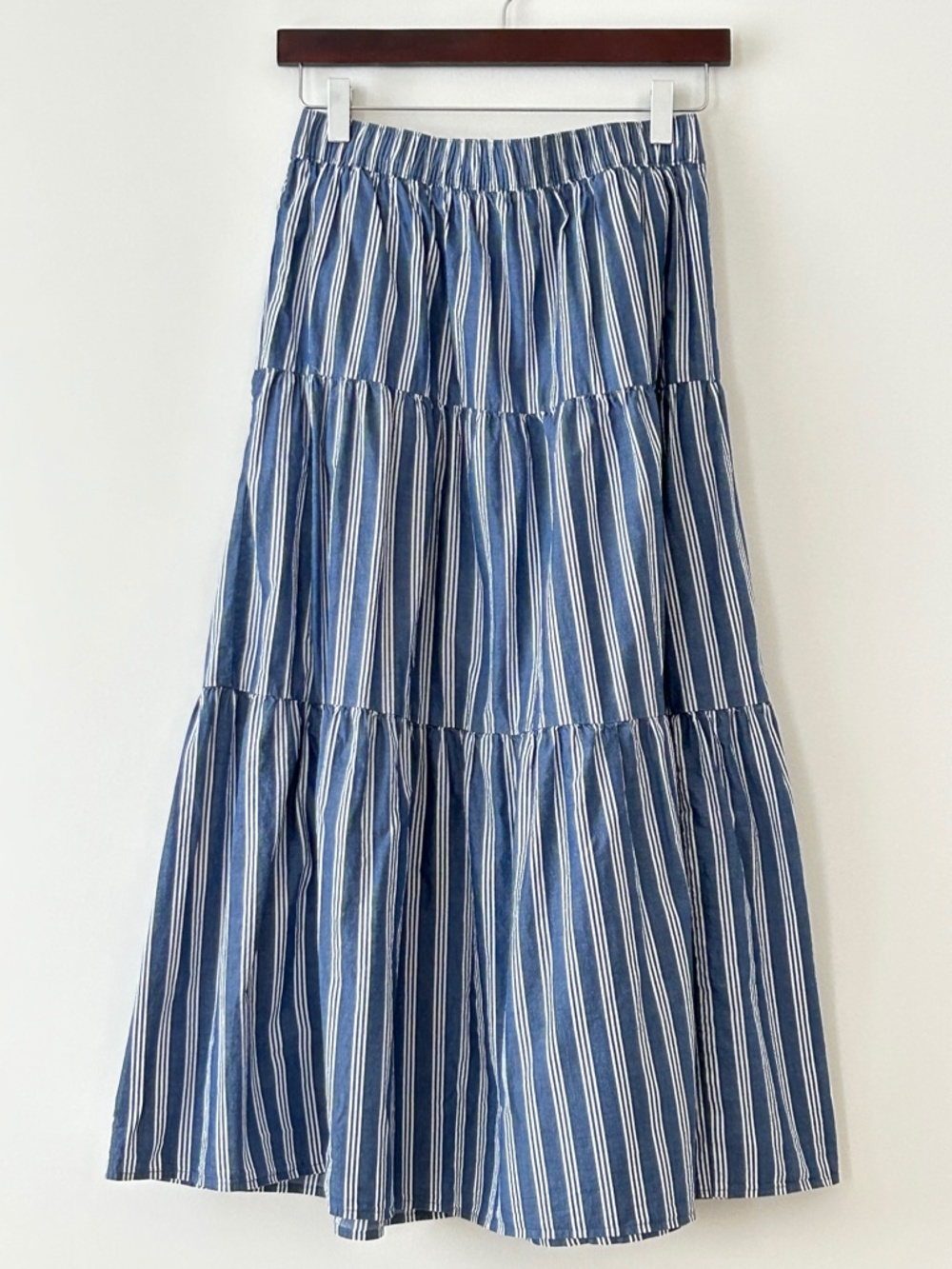 Old Navy 100% Cotton Blue & White Striped Tiered Midi Maxi Skirt